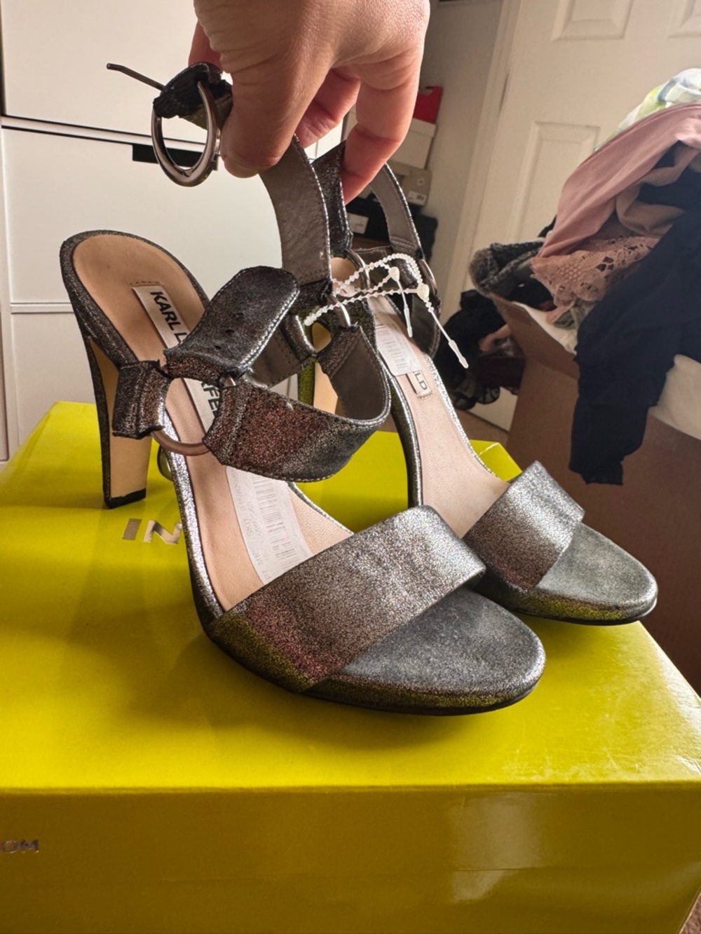 Karl Lagerfeld Silver Glitter Ankle Strap Block Heels - Picture 3 of 5